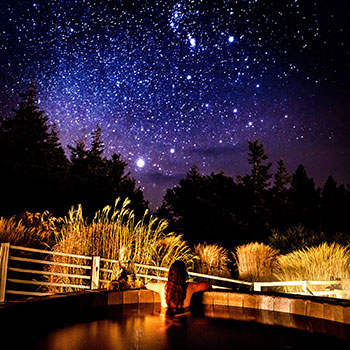 Photo of spa at night with woman looking east toward stars