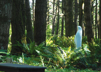 Photo of Mary of the Open Heart and Mind sculpture in forest